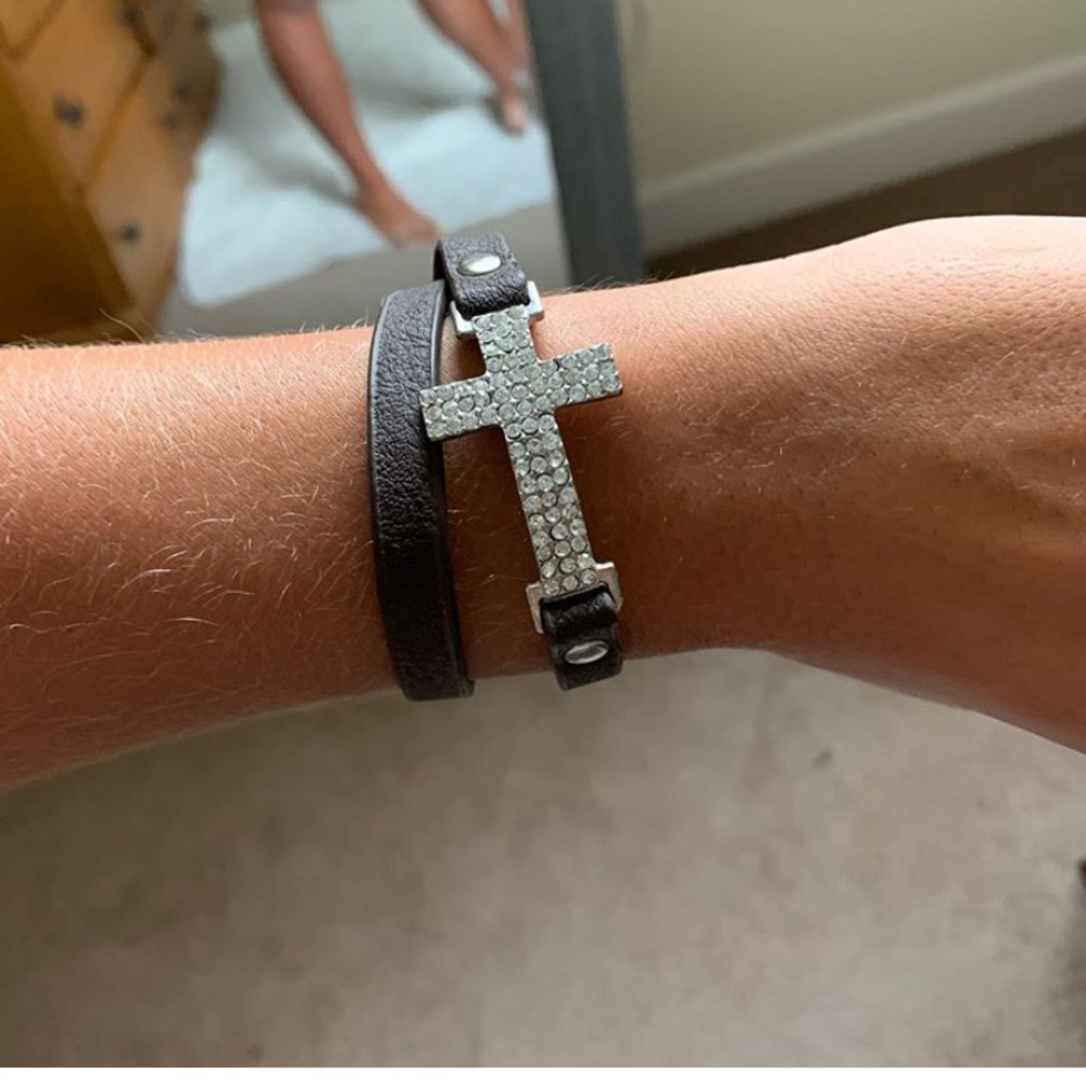 Brown leather bracelet with bedazzled cross